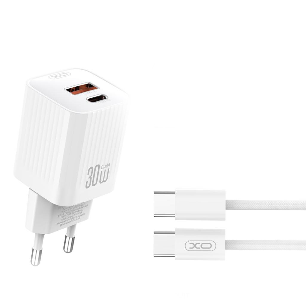 XO L149 USB-C Φορτιστής Ταχείας Φόρτισης 30W, USB-C και USB-A, με Καλώδιο Type-C σε Type-C White