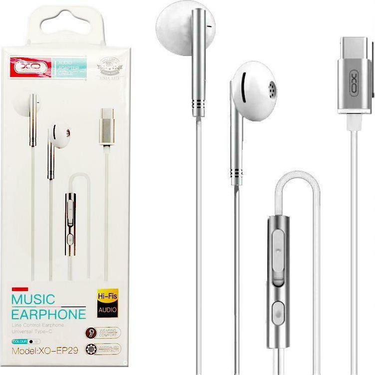 Ενσύρματα στερεοφωνικά ακουστικά με μικρόφωνο και βύσμα USB-C, σε ασημί χρώμα XO EP29 Ενσύρματα στερεοφωνικά ακουστικά με μικρόφωνο και βύσμα USB-C, σε ασημί χρώμα XO EP29
